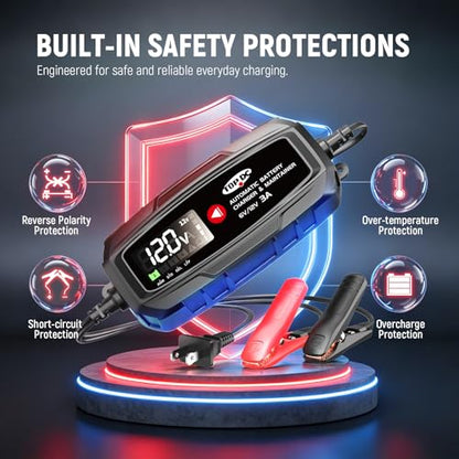 TOPDC 3A 6V/12V Automatic Battery Charger & Maintainer – Smart Trickle Charger for Car, Motorcycle, Boat, Lawn Tractor, RV, ATV – Lead-Acid (AGM/STD/Gel) & LiFePO4 (LFP) – Desulfator & Recondition - size: 3A