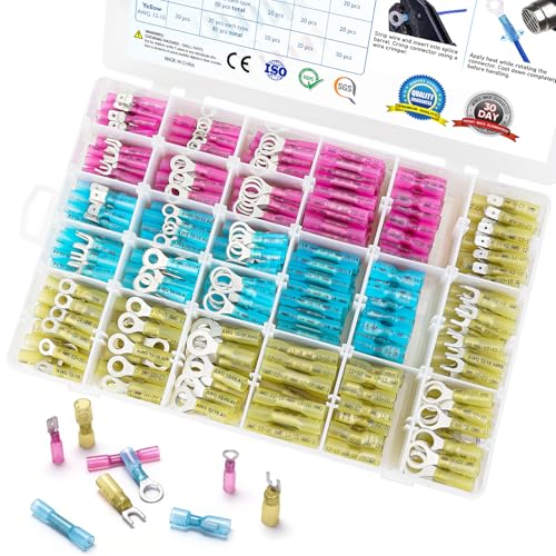 TICONN 500Pcs Heat Shrink Wire Connectors, Waterproof Automotive Marine Electrical Terminals Kit, Crimp Connector Assortment, Ring Fork Spade Butt Splices - style: 500PCS Combo