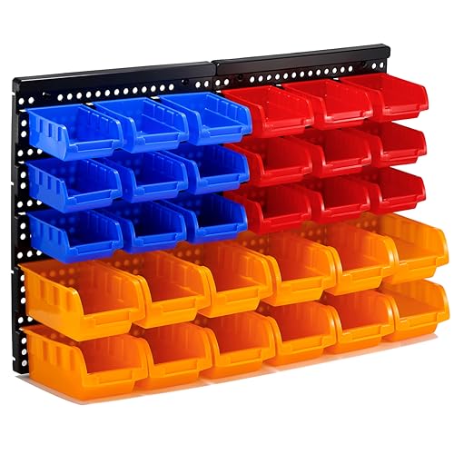 30-Bin Wall Mounted Storage Bins Kit, Tool Organizer Rack, Garage Hardware Organizer, Parts Storage Bins, DIY Combination(Red & Blue & Orange Type) - size: 25.2inch*16.2inch, style: Style-301