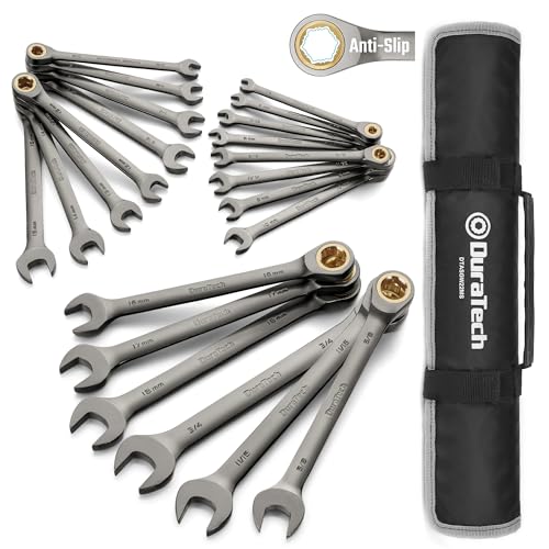DURATECH Anti-Slip Ratcheting Wrench Set, Combination Wrench Set, 22-piece, Metric & SAE, 1/4" to 3/4" & 6-18mm, 72-Tooth, CR-V Steel, Nickel Plating, with Pouch - style: Anti-slip
