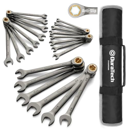 DURATECH Anti-Slip Ratcheting Wrench Set, Combination Wrench Set, 22-piece, Metric & SAE, 1/4" to 3/4" & 6-18mm, 72-Tooth, CR-V Steel, Nickel Plating, with Pouch - style: Anti-slip