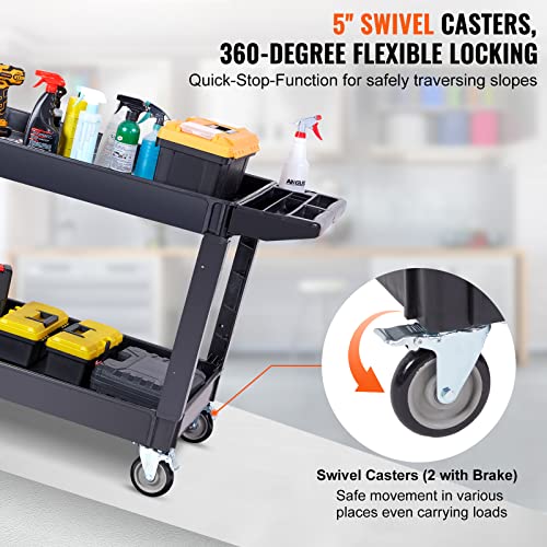 VEVOR Utility Service Cart 2 Shelf 550 lbs Heavy Duty Plastic Rolling Cart | Heavy Duty Utility Cart with 360° Swivel Wheels, Large Lipped Shelf, Ergonomic Storage Handle for Warehouse/Garage/Cleaning - size: 25.59"D x 45.67"W x 33.46"H