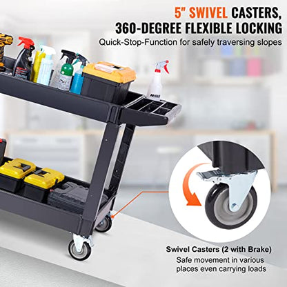 VEVOR Utility Service Cart 2 Shelf 550 lbs Heavy Duty Plastic Rolling Cart | Heavy Duty Utility Cart with 360° Swivel Wheels, Large Lipped Shelf, Ergonomic Storage Handle for Warehouse/Garage/Cleaning - size: 25.59"D x 45.67"W x 33.46"H