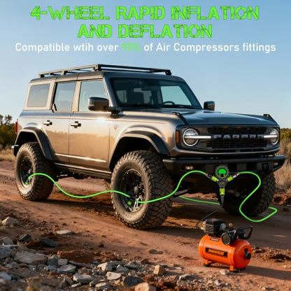 4 Tire Inflation Deflation System W/300PSI Digital Pressure Gauge | Fits up to 200" Wheelbase, Plastic Carry Box & Heavy Duty Hoses, Fits Truck, Car, Trailer, Motorcycle Offroad Vehicles, Green - color: Green