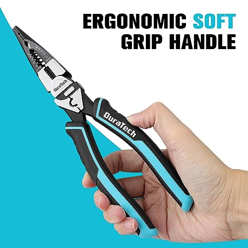 DURATECH 6-in-1 Needle Nose Pliers, 8.5" Multipurpose Long Nose Pliers with Wire Stripper/Crimper/Cutter Function, Heavy Duty Multifunctional Electrician Pliers for Crimping, Stripping, Shearing