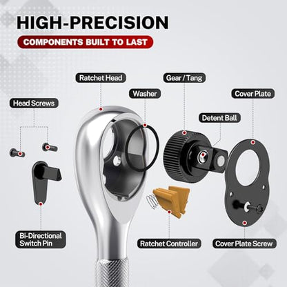 TOMMARS Stubby Ratchet Set 1/4" 3/8" 1/2" Drive Socket Wrench | Hand Tool for Mechanics, 72 Tooth 5-degree swing arc, Quick Release, Reversible - size: 1/4", 3/8", 1/2" Drive, style: Stubby Ratchet Set