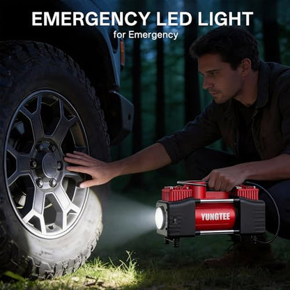 YUNGTEE Tire Inflator Heavy Duty Double Cylinders Direct Drive Inflation Pump,12V Portable Air Compressor Pump with Emergency LED Light - 150PSI Tire Pump,Apply to Car,SUV,RV - color: Red