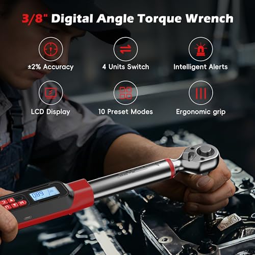 3/8" Digital Angle Torque Wrench, 5-99.6 Ft.lb, ±2% Accuracy, 8pcs | Electronic Torque Wrench with 0.1° Angle Mode, LED Display, Buzzer Alerts for Automotive, Motorcycle & Engine Repair - size: Angle 3/8" 6.8-135N.m/5-99.6Ft.lb