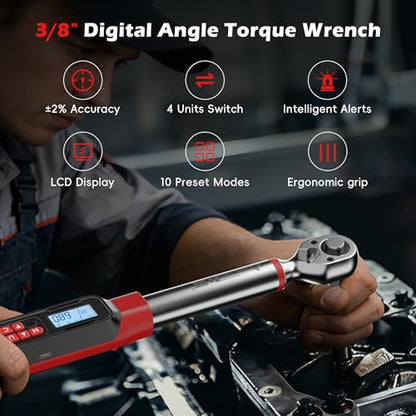 3/8" Digital Angle Torque Wrench, 5-99.6 Ft.lb, ±2% Accuracy, 8pcs | Electronic Torque Wrench with 0.1° Angle Mode, LED Display, Buzzer Alerts for Automotive, Motorcycle & Engine Repair - size: Angle 3/8" 6.8-135N.m/5-99.6Ft.lb