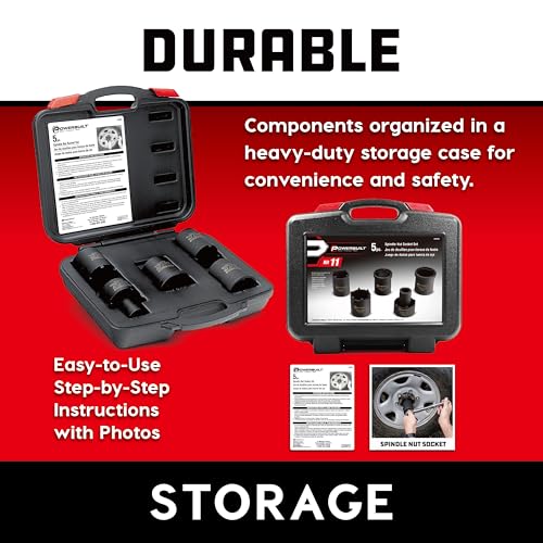 Powerbuilt Spindle Nut Socket Tool Kit, 5 Piece, Remove Spindle Nuts, Various Size Lug Out Spindle Sockets, Size Markings, Storage Case - 648636, Black - style: Spindle Nut Socket Set
