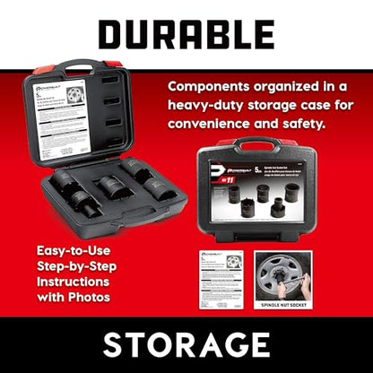 Powerbuilt Spindle Nut Socket Tool Kit, 5 Piece, Remove Spindle Nuts, Various Size Lug Out Spindle Sockets, Size Markings, Storage Case - 648636, Black - style: Spindle Nut Socket Set