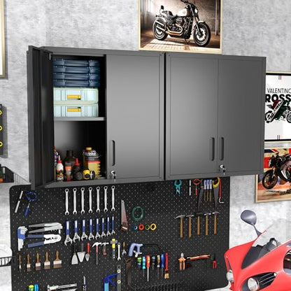 Metal Storage Cabinet for Garage, Tool Cabinet, Utility Cabinet | Wall Mounted, Hanging Tool Cabinet, Lockable, 2 Doors, Adjustable Shelves, Assembly Required, Black - color: Black