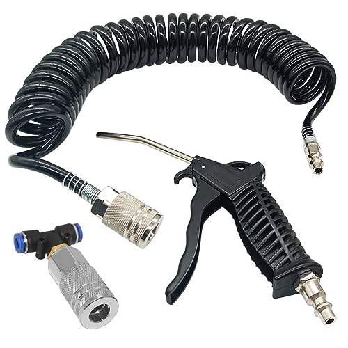 Beduan Air Blow Gun Kit with 16ft Long Pneumatic Pu Hose, Heavy Duty Air Duster Gun for Air Compressor(Black) - size: 1/4"-16ft Tube-PTC adaptor(Black)