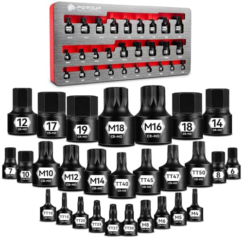 ZHAX Low Profile Impact Bit Socket Set, 28-Piece Stubby Torx, Hex & Spline Socket Set, 1/4", 3/8", 1/2" Drive, TT10-TT50, 6-19mm, M4-M18, CR-MO Steel with Tamper Proof Design