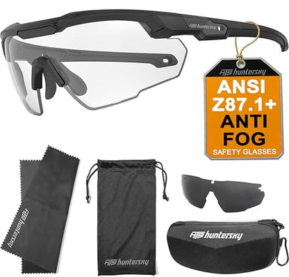 HTS HUNTERSKY Ballistic Tactical Shooting Glasses ANSI Z87+ UV400 Protective Eyewear - color: Black Clear W/ Carrying Case & Replacement Lens