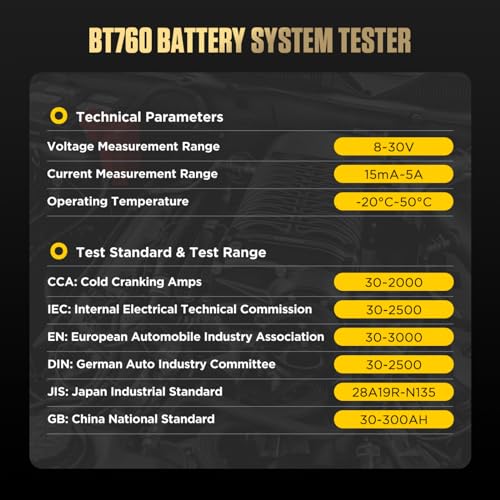 BT760 12V/24V Car Battery Tester with Printer, 30-2000 CCA | Tests flooded, AGM, GEL and EFB lead-acid batteries; includes 3 thermal paper rolls for printable test reports.