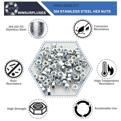 420 Pack SAE Hex Nuts Assortment Kit, 2#56 4#40 6#32 8#32 10#24 10#32 12#24 1/4"-20 5/16"-18 3/8"-16 7/16"-14 1/2"-13 304 (A2-70) Standard Inch Coarse Thread Hardware Nuts - size: SAE (420Pcs)