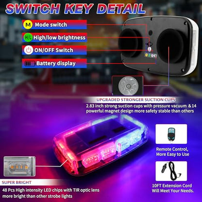 Rechargeable Red Blue Emergency Roof Top Strobe Light Wireless Battery, 48LED 17 Flashing Modes,High Low Brightness,Hazard Traffic Lights w/Magnetic Base, Remote Control for Construction Vehicles - color: Red Blue