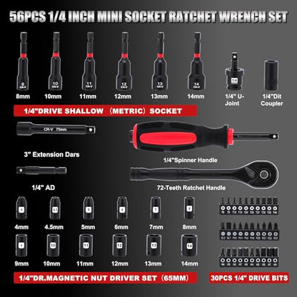 54 Piece 1/4" Mini Socket Ratchet Wrench Set, Magnetic Nut Driver Set, Metric Shallow Socket (4-14mm), 6-Point, Mini Ratcheting Wrench, Screwdriver Bit, Universal Joints and 3" Extensions