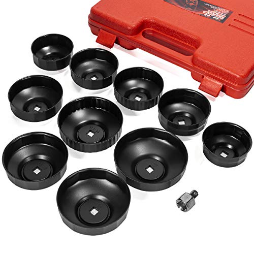 XtremepowerUS 10-Pieces Universal Oil Change Filter Cap Wrench Cup Socket 3/8" inch Square Drive Oil Canister Socket with Case, Red/Black