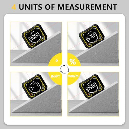 Digital Angle Finder with Laser, Magnetic Inclinometer, USB Rechargeable | 4x90° angle measurement with backlit LCD, auto-rotating display and magnetic base for woodworking, construction and DIY.