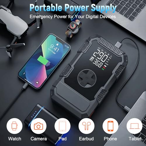 4000A Car Jumper Starter Portable with Air Compressor, 12V Battery Jump Starter with Tire Pump 150PSI for 10L Gas Diesel Engines, Car Battery Jumper Box Pack Combo with LED Light, Father Day Gift