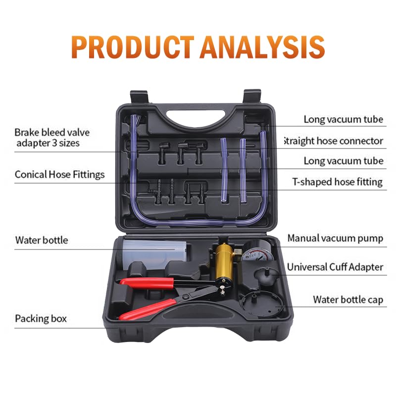 2 in 1 Brake Bleeder Kit with Hand Vacuum Pump with Gauge Adapters Automotive Brake Fluid Bleeding Set with Protected Case for Car Truck （Black） - color: BLACK1