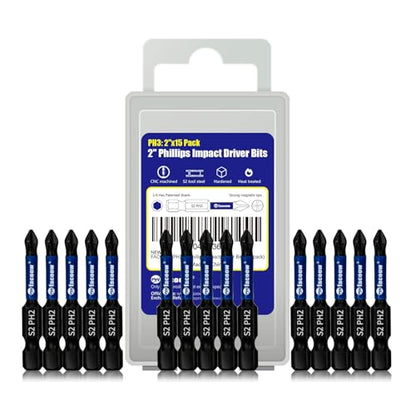 Facoow 15-Pack Phillips Bits #2 Impact, Anti-Slip 2-Inch Magnetic Phillips Head Drill & Screwdriver Bits, PH2 Premium S2 Steel 1/4" Hex Shank for Impact Drivers, Professional & DIY Use - color: 2"*15pcs, size: PH2