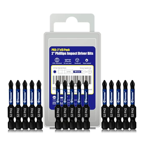 Facoow 15-Pack Phillips Bits #2 Impact, Anti-Slip 2-Inch Magnetic Phillips Head Drill & Screwdriver Bits, PH2 Premium S2 Steel 1/4" Hex Shank for Impact Drivers, Professional & DIY Use - color: 2"*15pcs, size: PH2