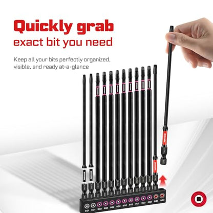 Geinxurn Double Impact #1#2#3 Square Screwdriver Bits Set, 13pcs 6” (PH1/PH2/PH3) Magnetic D2 Steel Long Extension Driver Bits Set with Color Coded Base - size: 13pcs-6“-SQ