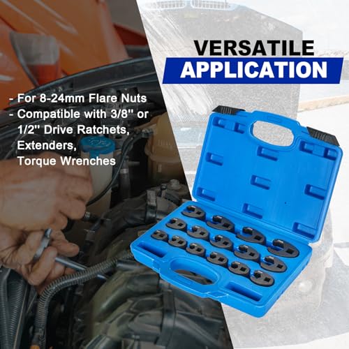 DASBET Crowfoot Wrench Set for 8mm to 24 mm Flare Nuts, 15PCS Metric Crows Foot Wrench Kit for 3/8'' and 1/2'' Drives Ratchets Large & Small Metric Flare Nut Tool Kit for Nut Removal and More