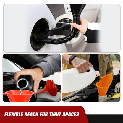 GOOACC 3 Pcs Automotive Funnels Set - Wide Mouth Oil Funnel, Long Neck Fuel Funnel, Flexible Right Angle Funnels for Gas Transfer, Coolant - Heavy Duty Plastic Funnels for Cars Trucks - size: 3PCS