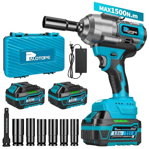 1/2" Cordless Impact Wrench,1107FT-LBS(1500Nm) Brushless High Torque Impact Gun,Electric Impact Driver with 2 x 4.0Ah Battery,Charger & 6 Sockets,Pistola De Impacto for Car/Mower/Pickup