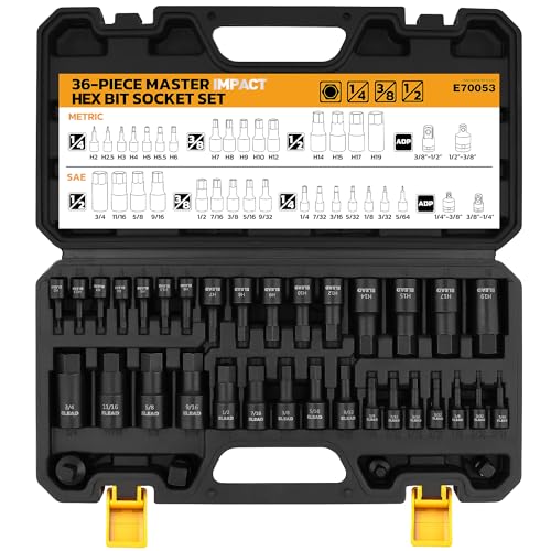 36-Piece One-Piece Hex Bit Socket Set includes Socket Adapter, 1/4", 3/8", 1/2", Cr-V Steel, SAE and Metric Set, Reinforced Storage Case, Automotive Mechanic Professional Master Tool Set
