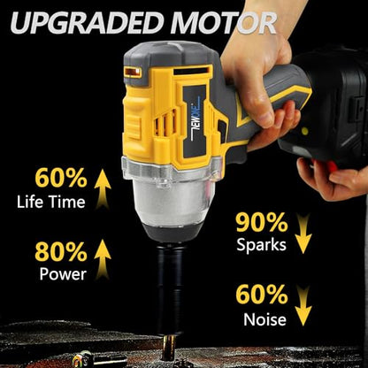 NEWONE Crodless Impact Wrench with 2.0AH Battery, 370 Ft-lbs (500N.m) Impact Gun 1/2 inch,20V Powered Brushless Motor Wrench with 6pcs Drill/Driver Bits,4 Sockets,Charger - color: Yellow Impact Wrench
