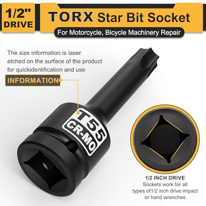 1/2" Drive T55 Torx Bit Socket, Star Bit Socket, CR-MO Steel, Motorcycle, Bicycle Machinery Repair - size: 1/2" T55 Deep