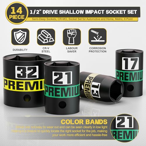 14-Piece 1/2" Drive Shallow Impact Socket Set, 11-32mm, Semi-Deep Sockets, CR-V, Socket Set for Automotive and Home, Metric, 6 Point - size: 1/2" 14pcs Metric Shallow