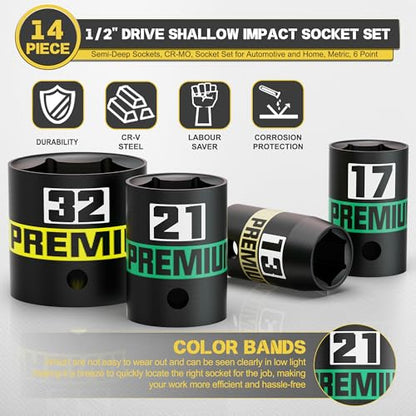 14-Piece 1/2" Drive Shallow Impact Socket Set, 11-32mm, Semi-Deep Sockets, CR-V, Socket Set for Automotive and Home, Metric, 6 Point - size: 1/2" 14pcs Metric Shallow