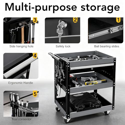 Tool Cart,27.5" 3 Tier Tool Cart on Wheels,Utility Industrial Service Cart with Drawers,Pegboard and Locking System,Suitable for Garage,Warehouse,Mechanic,440LBS Load,Black - size: Black