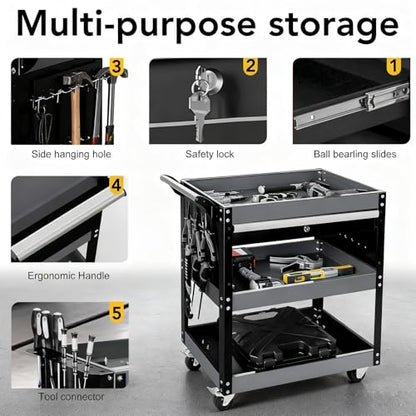 Tool Cart,27.5" 3 Tier Tool Cart on Wheels,Utility Industrial Service Cart with Drawers,Pegboard and Locking System,Suitable for Garage,Warehouse,Mechanic,440LBS Load,Black - size: Black