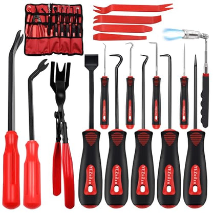 YEZriler 17 Pcs Mechanic Hook Pick Tool Set and Auto Trim Removal Tool Kit with Auto Clip Plier Rivets Puller Telescoping Magnetic Pickup Gasket Scraper for Remove Automotive Hand Pick Up Tools