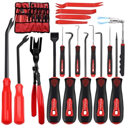 YEZriler 17 Pcs Mechanic Hook Pick Tool Set and Auto Trim Removal Tool Kit with Auto Clip Plier Rivets Puller Telescoping Magnetic Pickup Gasket Scraper for Remove Automotive Hand Pick Up Tools