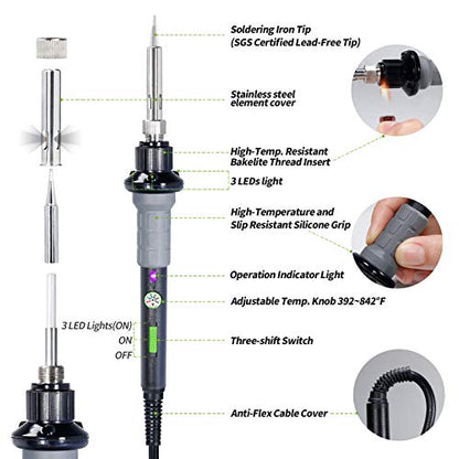YIHUA 947-V Soldering Iron Kit with 3 LED Lights, Temperature Control, 5 Premium Solder Tips, Desoldering Pump, Indicator & ON/OFF Switch-60 Watts Soldering Iron, Solder Wire, Tip Cleaner, and more.