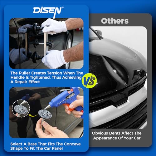 DISEN 155Pcs Paintless Dent Removal Kit, Car Dent Repair Tool Set with Metal Dent Lifter, Bridge Puller, T-Slide Hammer, Glue Gun & 100 Tabs, for Dents, Dings, Creases and Hail Damage