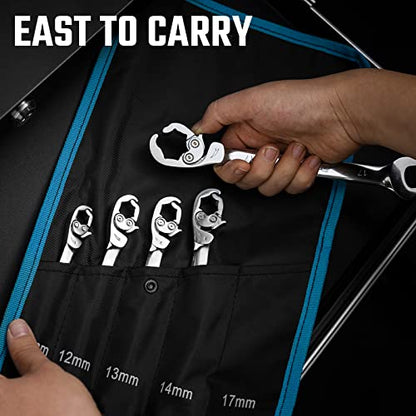 DURATECH 5-Piece Ratcheting Flare Nut Wrench Set, Metric | 10mm, 12mm, 13mm, 14mm, 17mm, CR-V Steel, Open End Wrench, Organizer Pouch Included