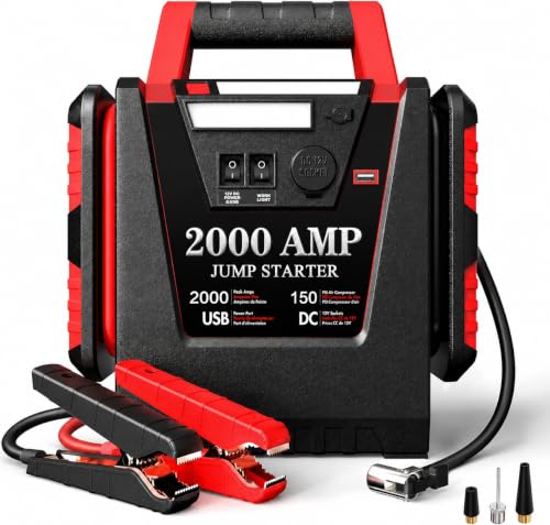 Jump Starter with Air Compressor,2000A Car Battery Jumper Starter 150 PSI Tire Inflator,6 in 1 Auto Lead-Acid Battery Booster Jump Starter for Up to 10.0L Gas or 8.0L Diesel with LED Light - color: 2000A