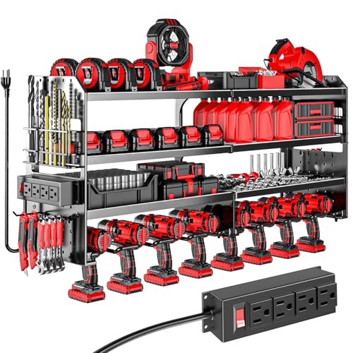 Large Power Tool Organizer Wall Mount with Charging Station, 4 Layer Heavy Duty Metal Cordless Tool Organizer, Tool Storage Rack with 8 Cordless Drill Holder Screwdriver Hammer(Black) - color: Black