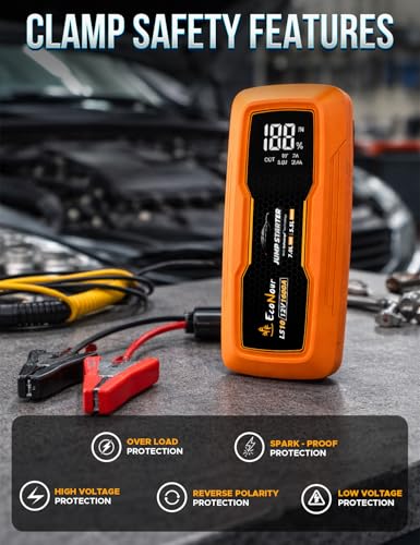 EcoNour car Battery Jump Starter 1600A Peak Up to 7L Gas & 5.5L Diesel Engines 12V Lithium Jump Box with Jumper Cables, USB Charger, LCD Display, LED Flashlight – for Cars, SUVs, Trucks - color: Orange