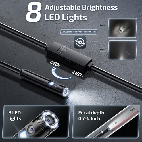 Dual Lens Endoscope Camera with Light | 1920P Borescope Camera with 8+1 Adjustable LED Lights, Semi-Rigid Cable 16.5FT, IP67 Waterproof for iPhone, iPad, Samsung