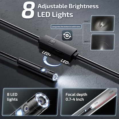 Dual Lens Endoscope Camera with Light | 1920P Borescope Camera with 8+1 Adjustable LED Lights, Semi-Rigid Cable 16.5FT, IP67 Waterproof for iPhone, iPad, Samsung
